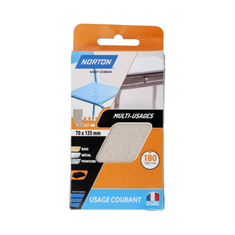 Papier abrasif G180 7 x 12,5 cm 12 pièces NORTON