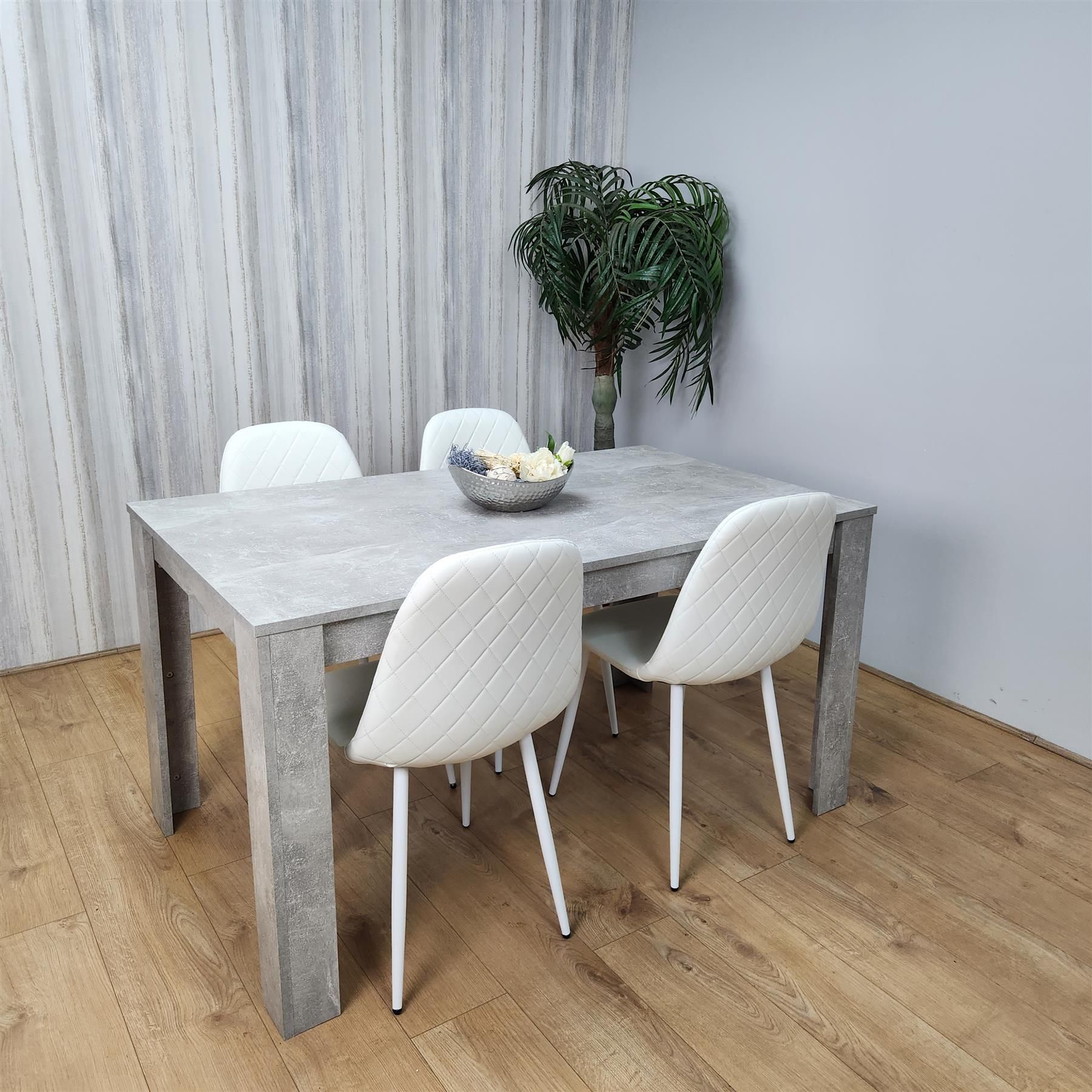 KOSY KOALA Stone Grey Effect Wood Dining Table Set with 4 White Gem Pattern Chairs Dining Room Furniture