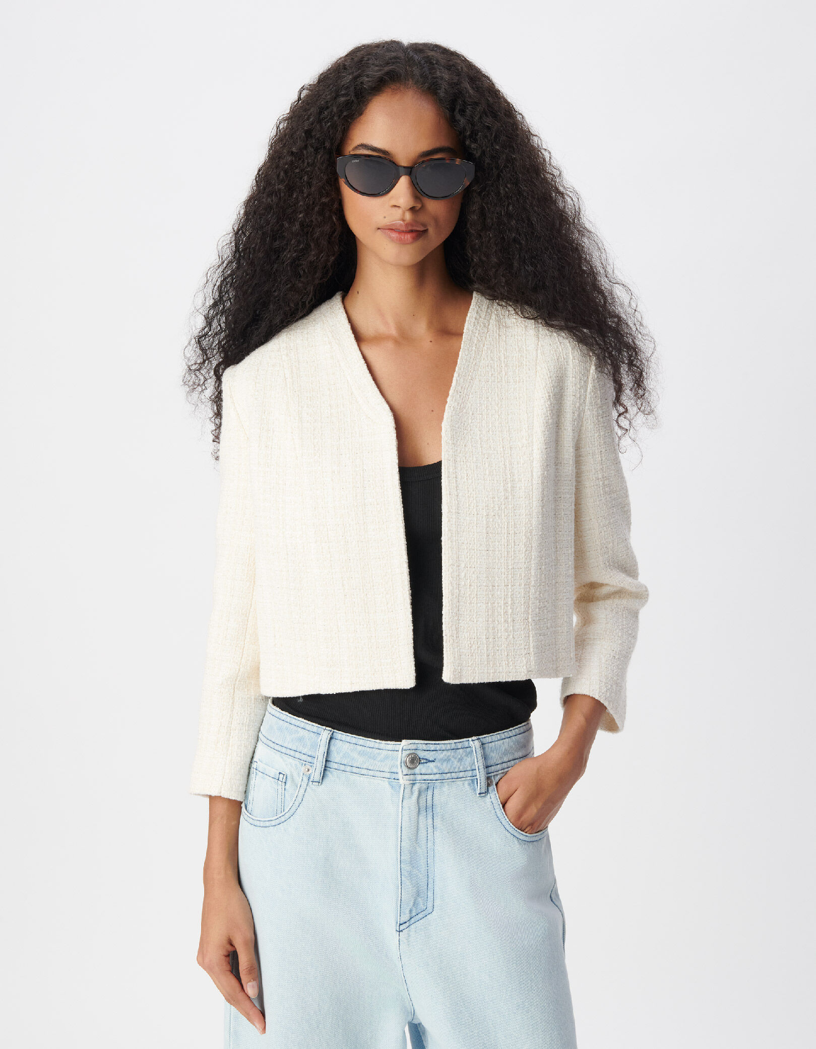 Veste boléro blanche effet tweed manches 7/8e Femme