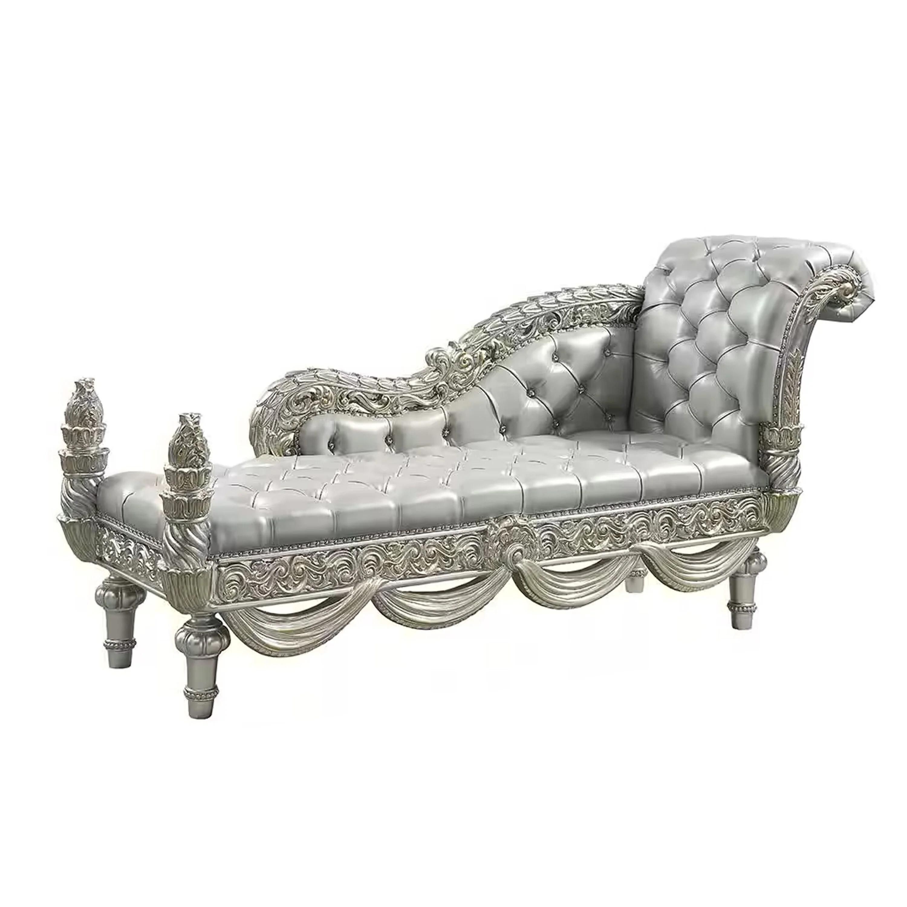 Dove Chaise Bench, Beige Faux Leather, Champagne Finished Wood 82 Inch