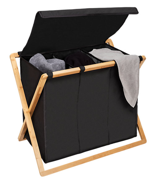 Panier à linge 3 compartiments l.69 x H.56,5 x 33 cm, noir et bambou, Wenko Ecori