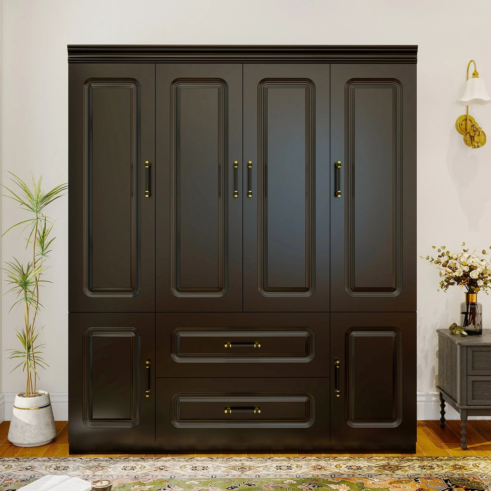 4 Door Armoire Wardrobe Closet with Drawer and Hanging Rod, Wooden Black Bedroom Armoire Closet, 70.87 H x 61.42 W x 20.47 D