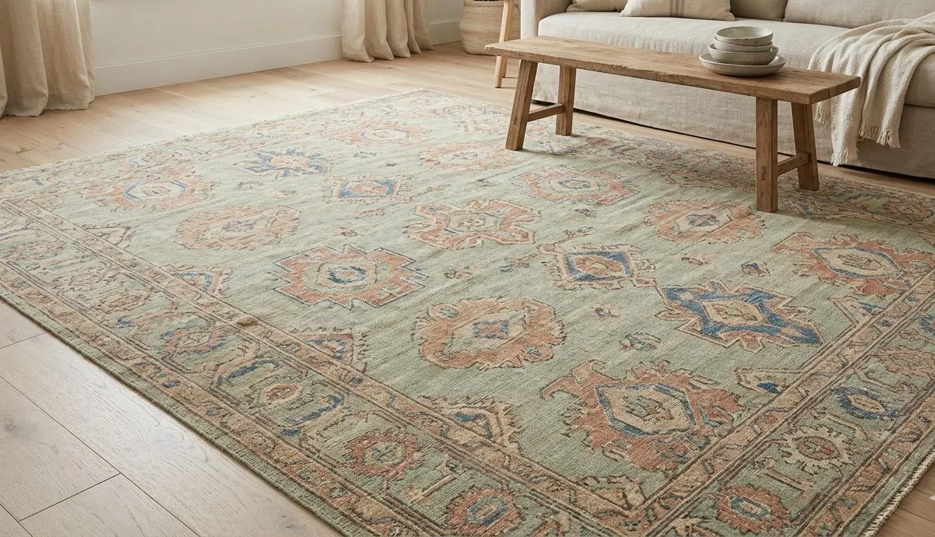 Moss Green Oushak Rug, Hand Knotted Vintage Wool Area Carpet