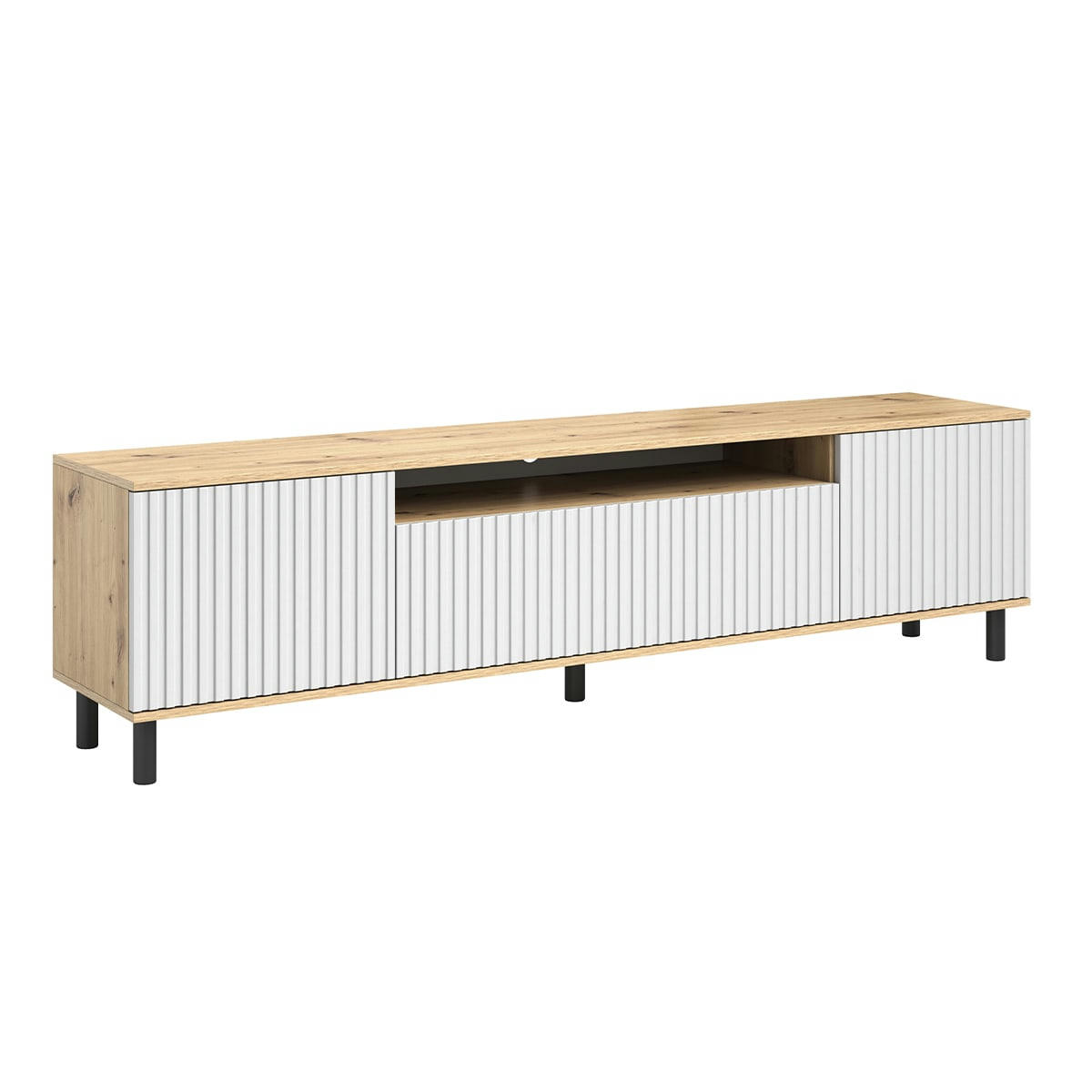 - Meuble TV 3 portes 200 cm stratifiés, métal naturel et blanc