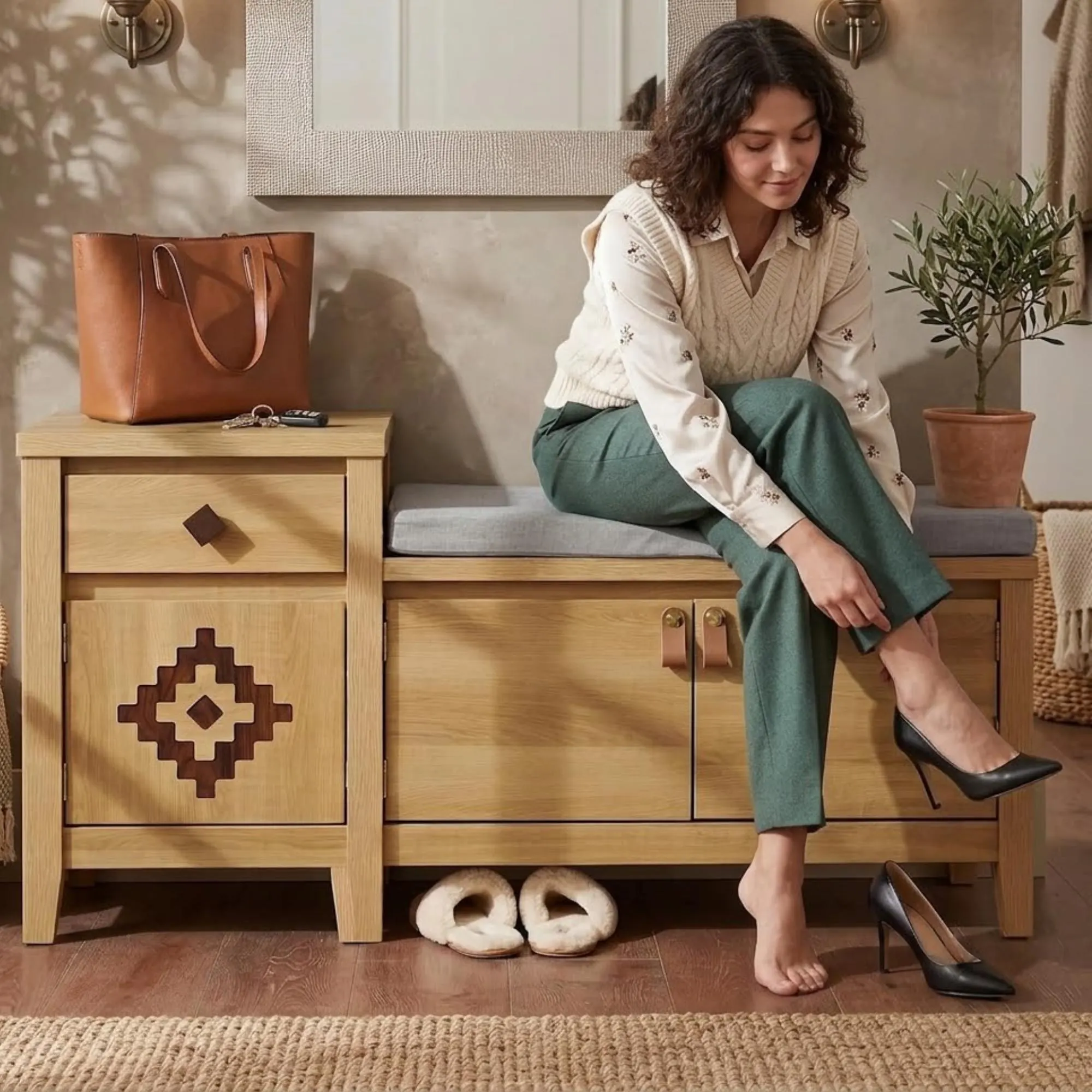 Entryway Storage Bench with Cushion | Wood Shoe Cabinet Bench | Mosaic Inlay Hallway Furniture | Mudroom Seat with Drawer | Gift For Her