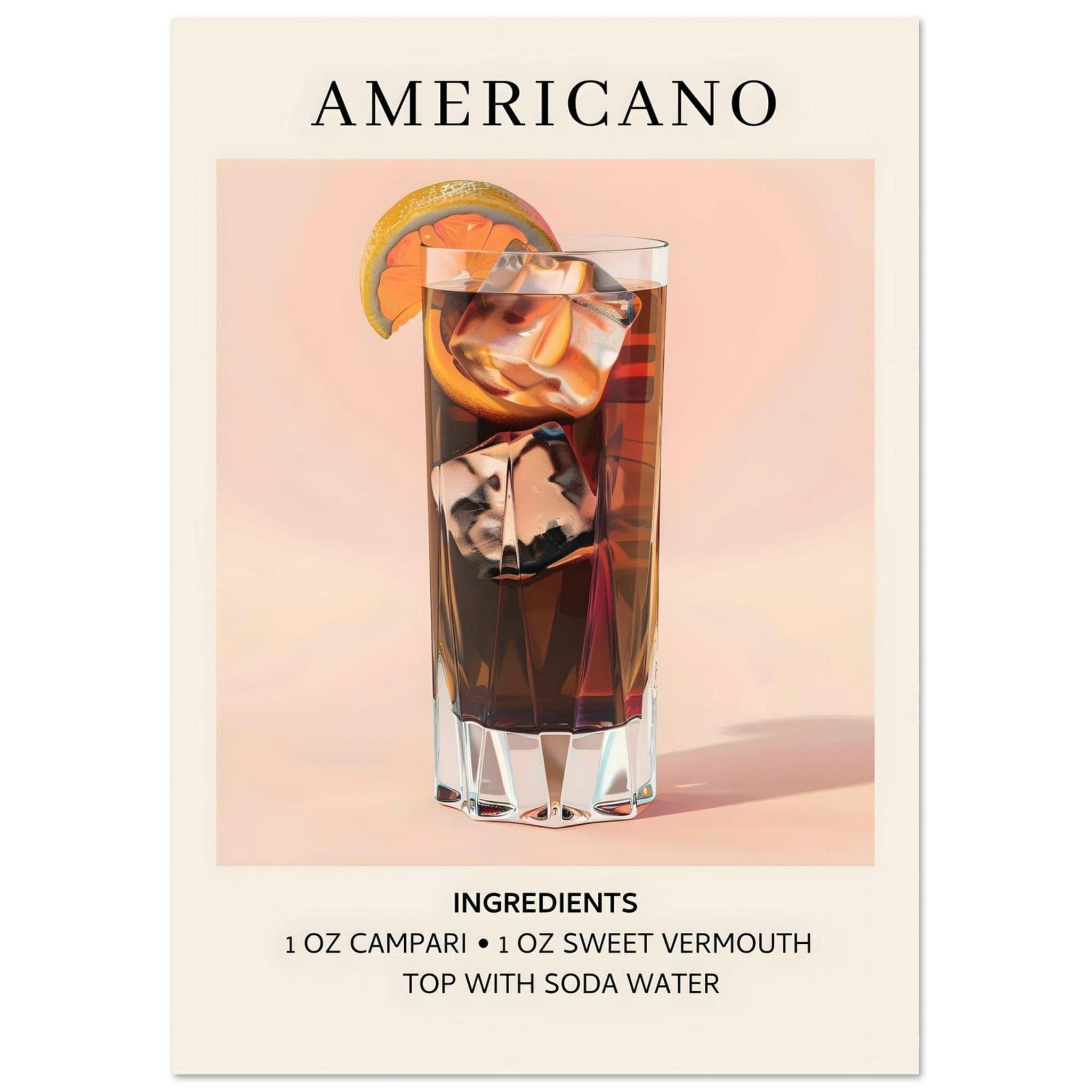 Artfulprints Poster Americano cocktail - Ingrediënten  - A4 21x29.7 cm - Roze