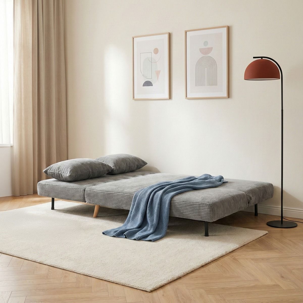 Sofa SOLACE 2-osobowa, z funkcją spania sztruksowa szara 140x91x84 cm