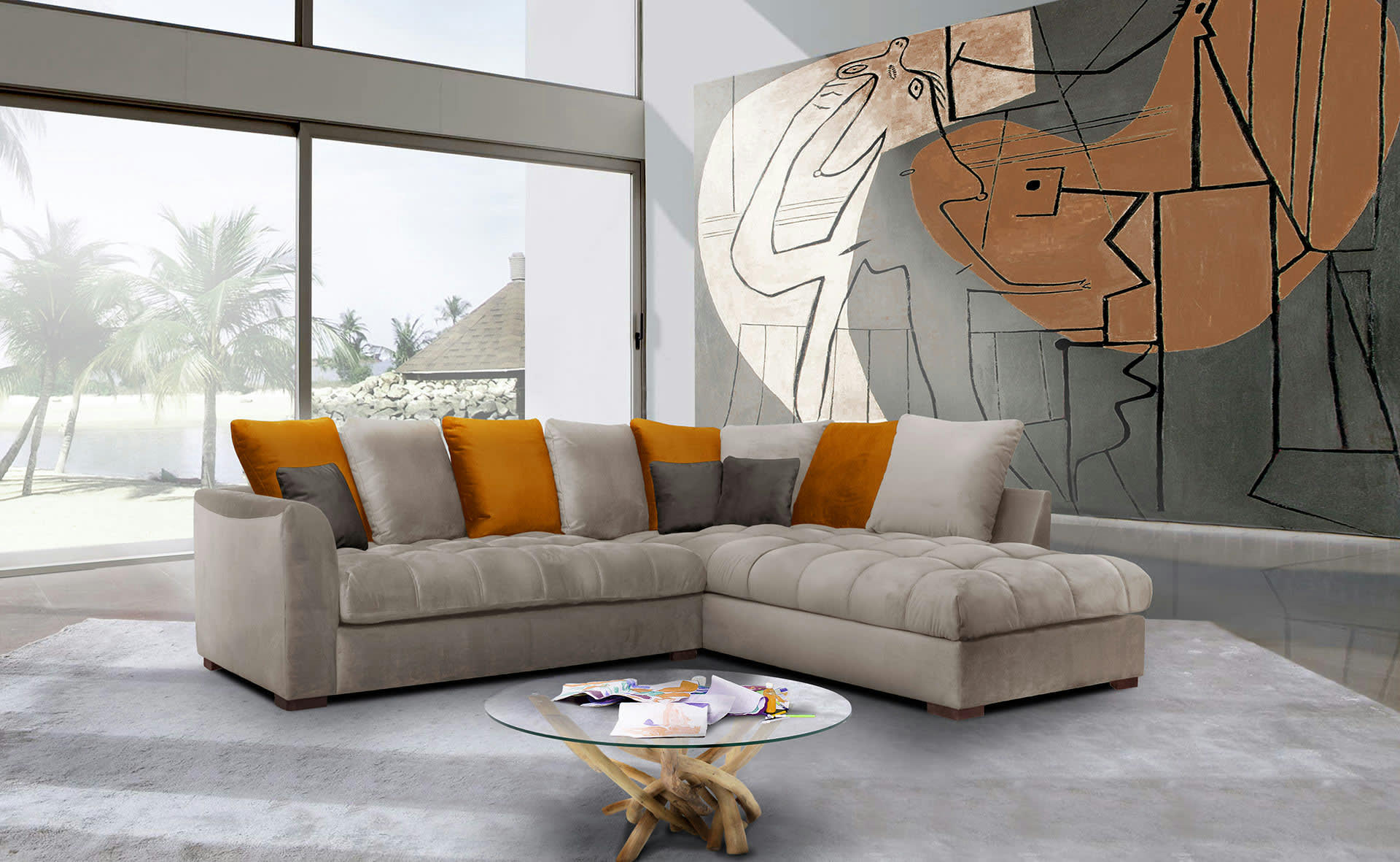 BARDI - Canapé d'angle droit 5 places tissu taupe