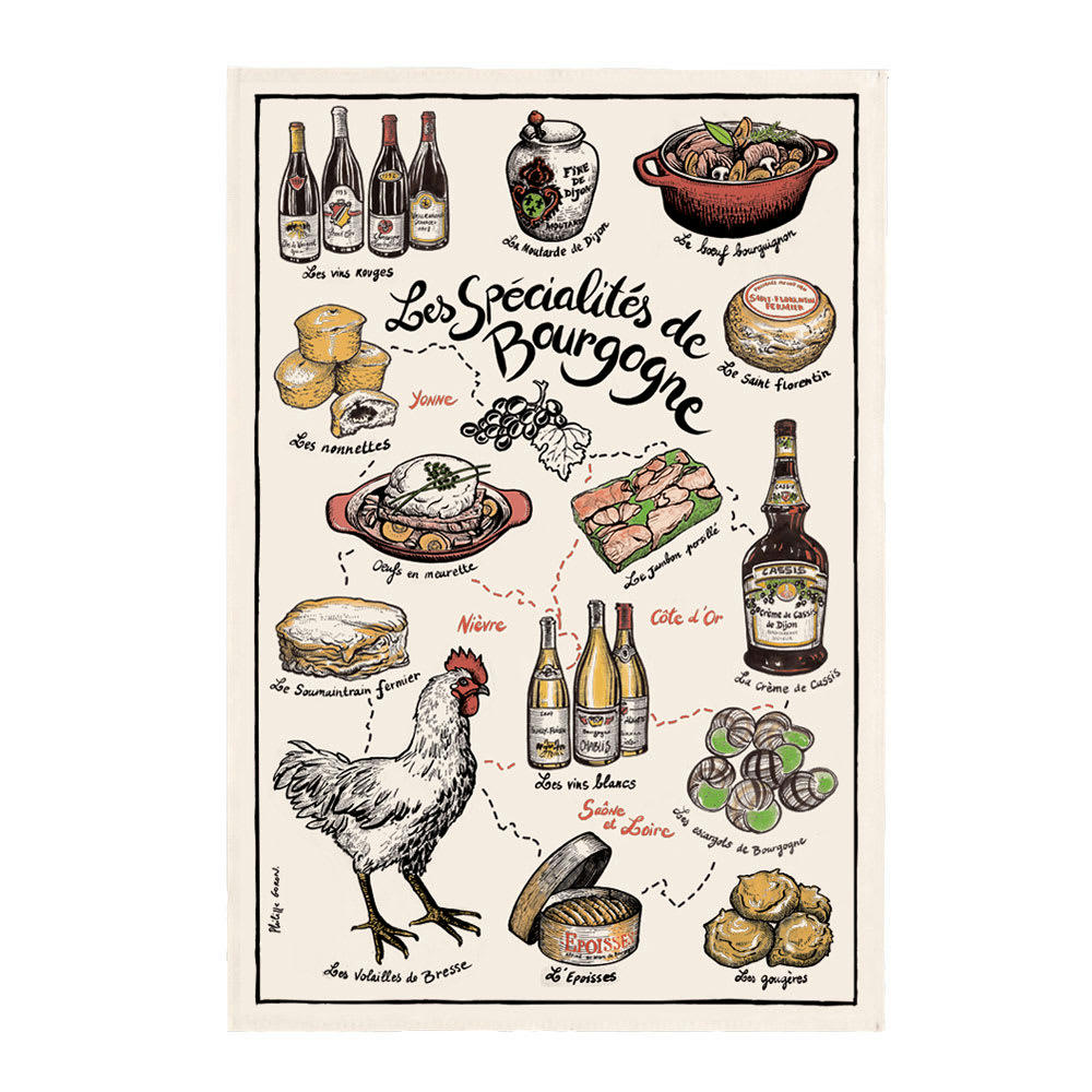 BOURGOGNE - Torchon imprimé specialites de  en coton ecru 48 x 72