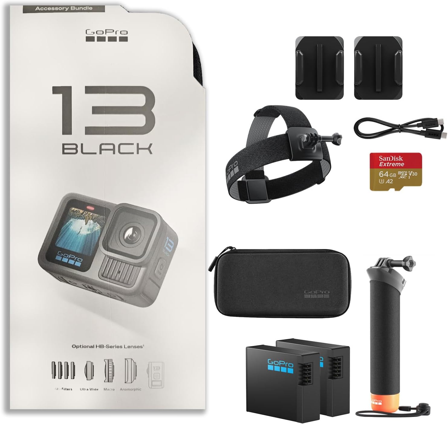 GoPro Hero13 Black 27MP Waterproof Action Camera - Special Accessory Bundle | 5.3K60 Ultra HD Video w/Handler  2 Enduro 1900mAh Batteries  64GB Extreme microSDXC Memory Card and Head Strap 2.0
