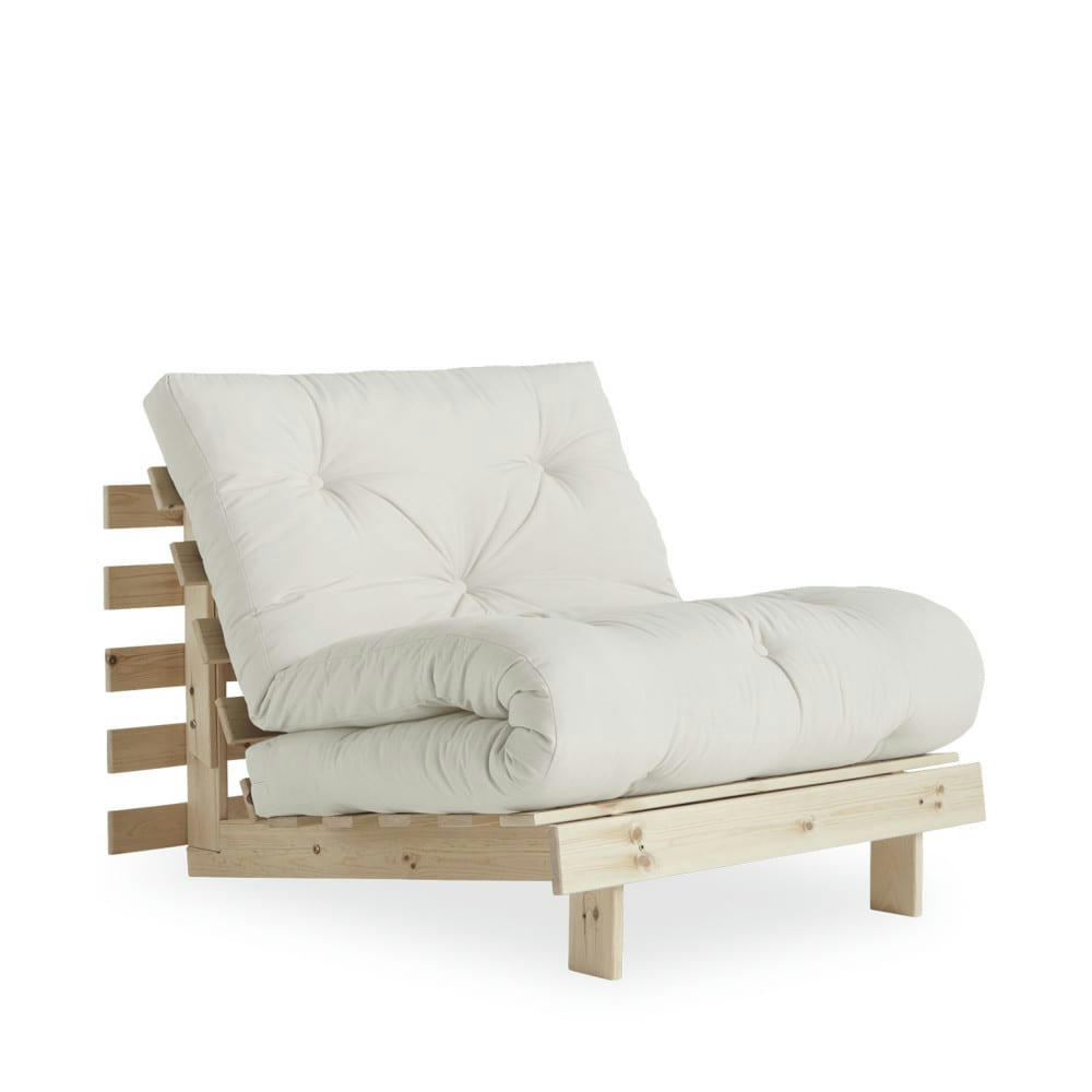 ROOTS - Fauteuil convertible 90x200cm en bois naturel et tissu ecru