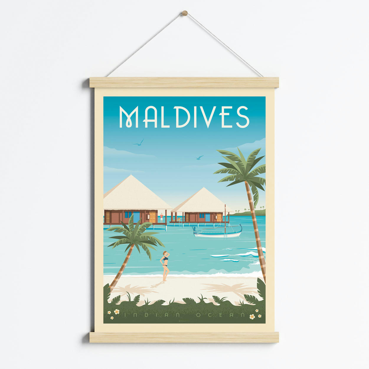 - Affiche Maldives Asie + Cadre Magnétique (Bois) 50x70 cm