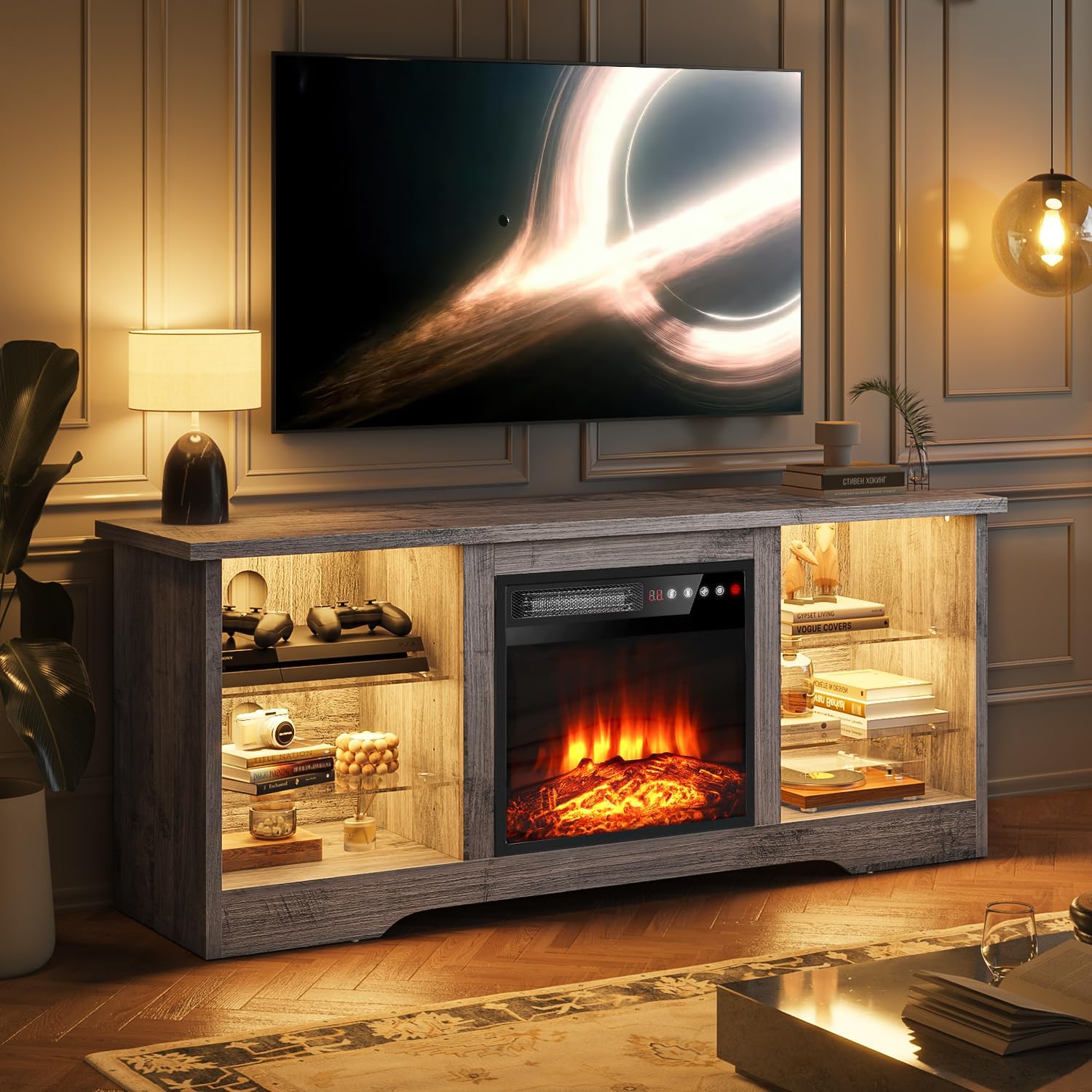 VITESSE 58 Inches Fireplace TV Stand for TVs up to 65 Inches Console with 18'' Electric Fireplace & Remote,Wooden Modern Entertainment Center for Living Room with LED Light Glass Shelves（Gray）