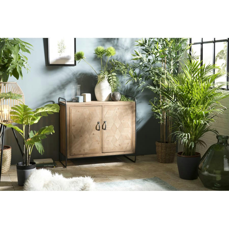 HABY - Buffet 2 portes sapin marqueté pieds métal