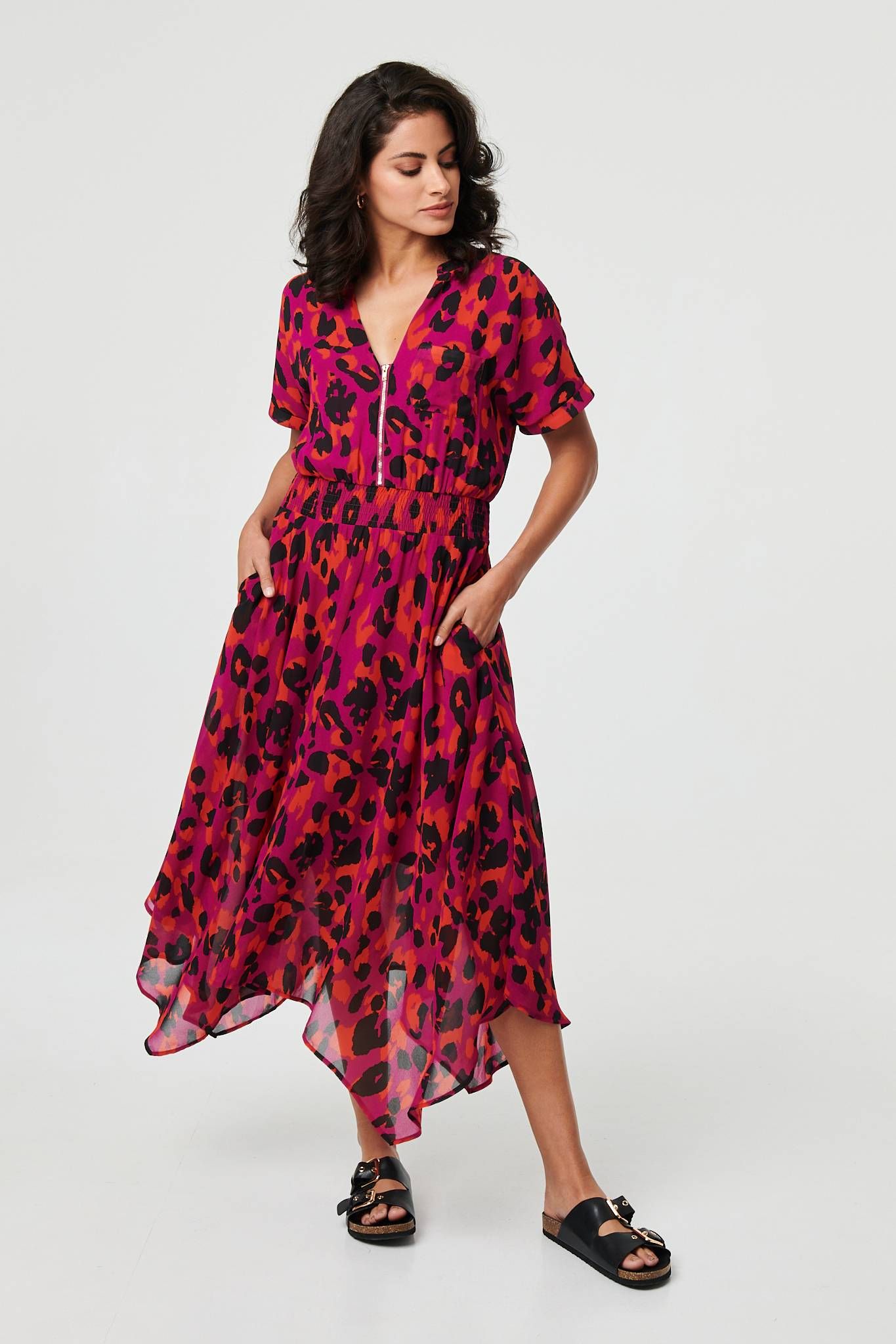 Izabel London Animal Print Zip Hanky Hem Midi Dress