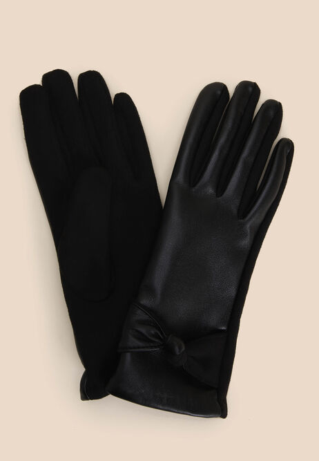 Womens Black PU Two Tone Bow Gloves