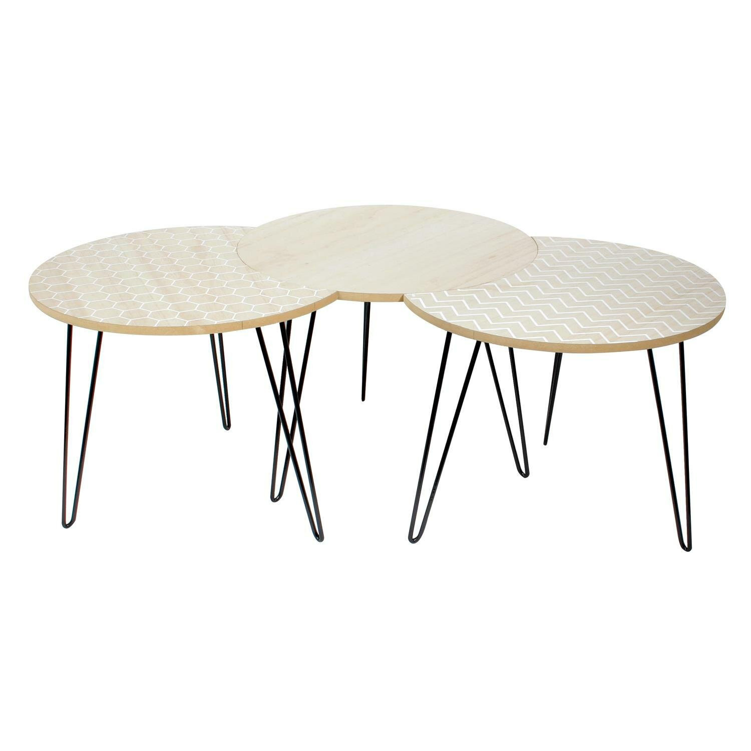 Zestaw 3 STOLIKI bielone/czarne MDF i METAL lekkie