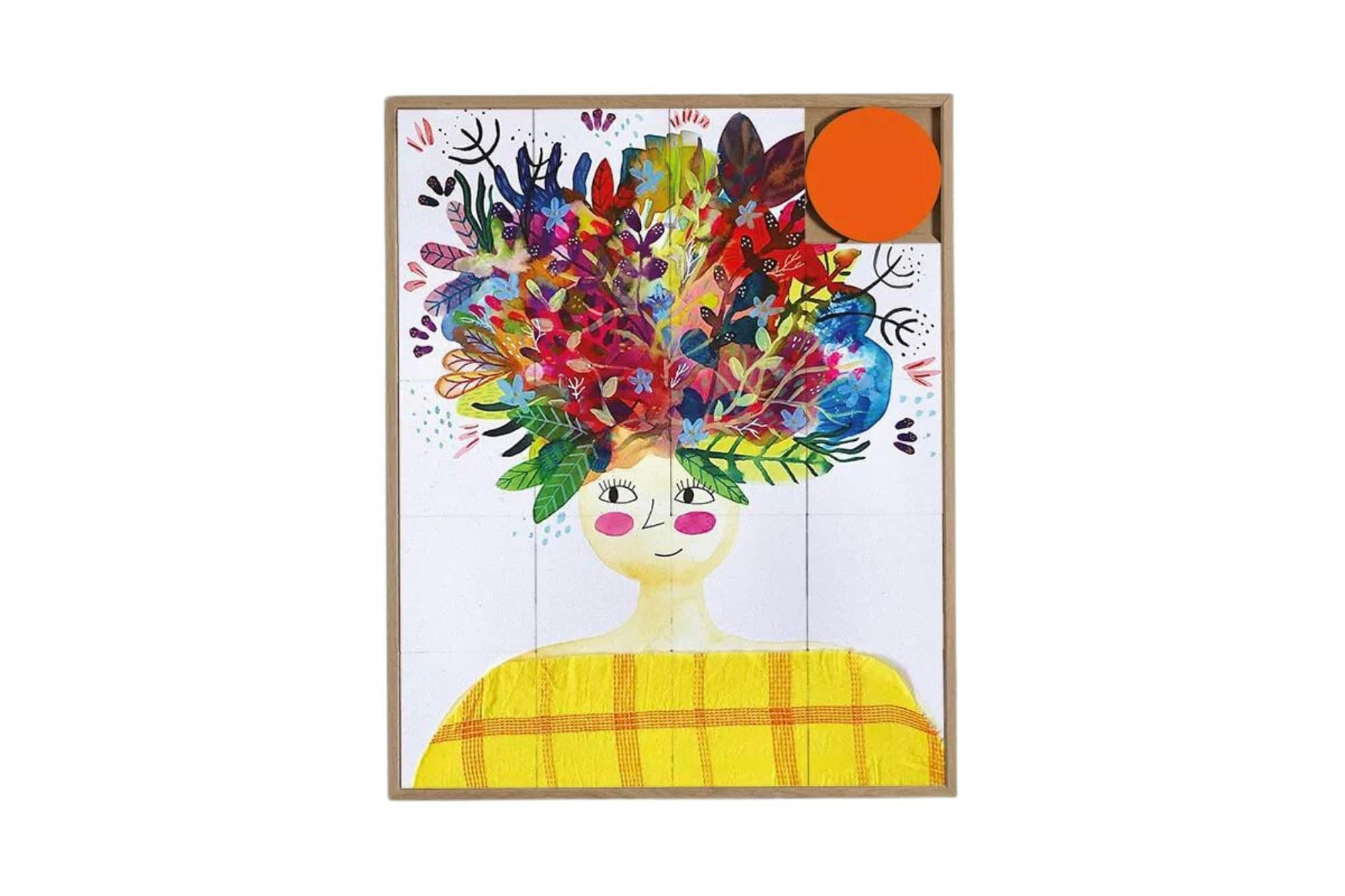 LA DAME AUX FLEURS - Tableau en bois taquin œuvre originale 63 x 78