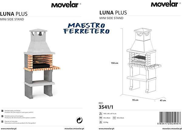 MOVELAR - Barbecue préfabriqué à bois et charbon de bois Luna PlusxL (Gris, Orange - 95x47x190 cm) REF : 3541/1 - Usage Extérieur