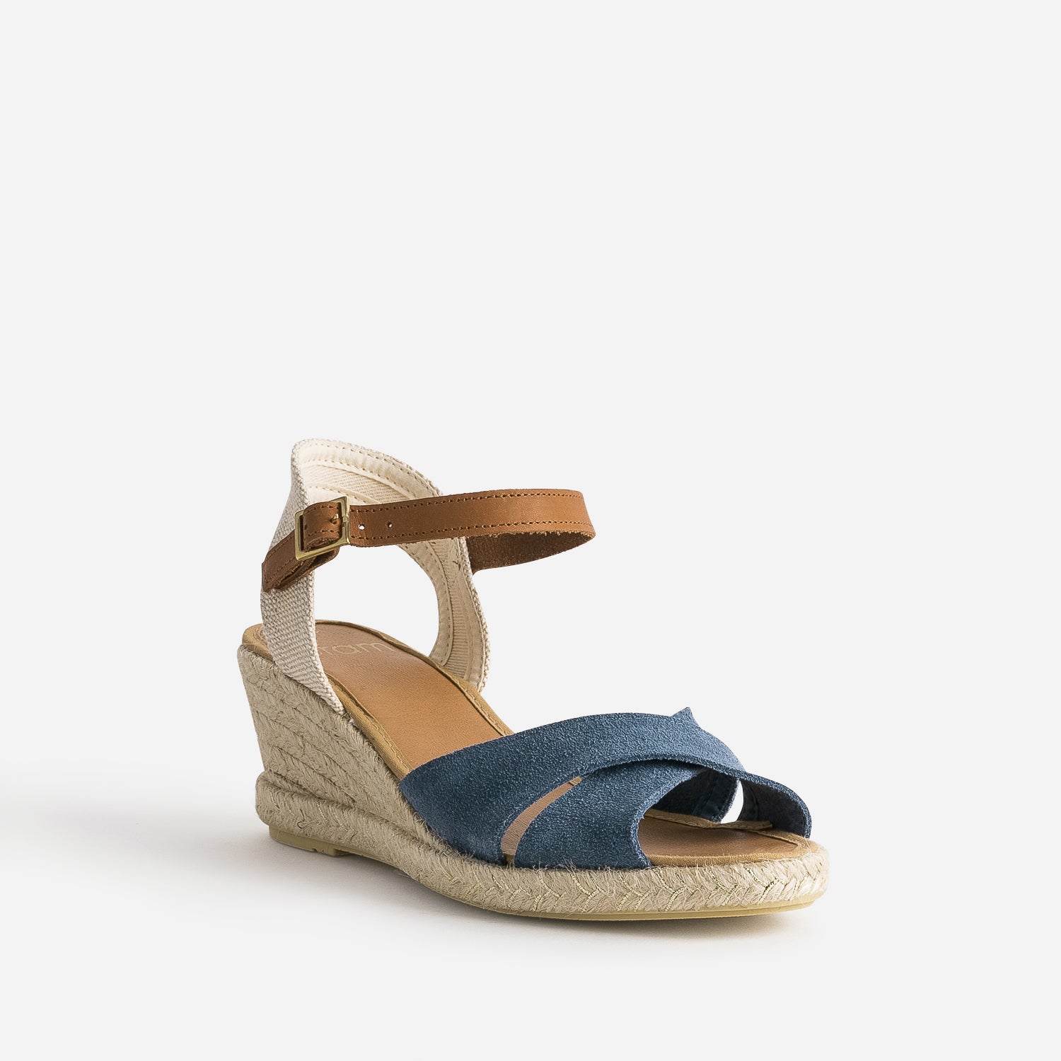 Sandale compensée bleu cuir velours éco-conçu