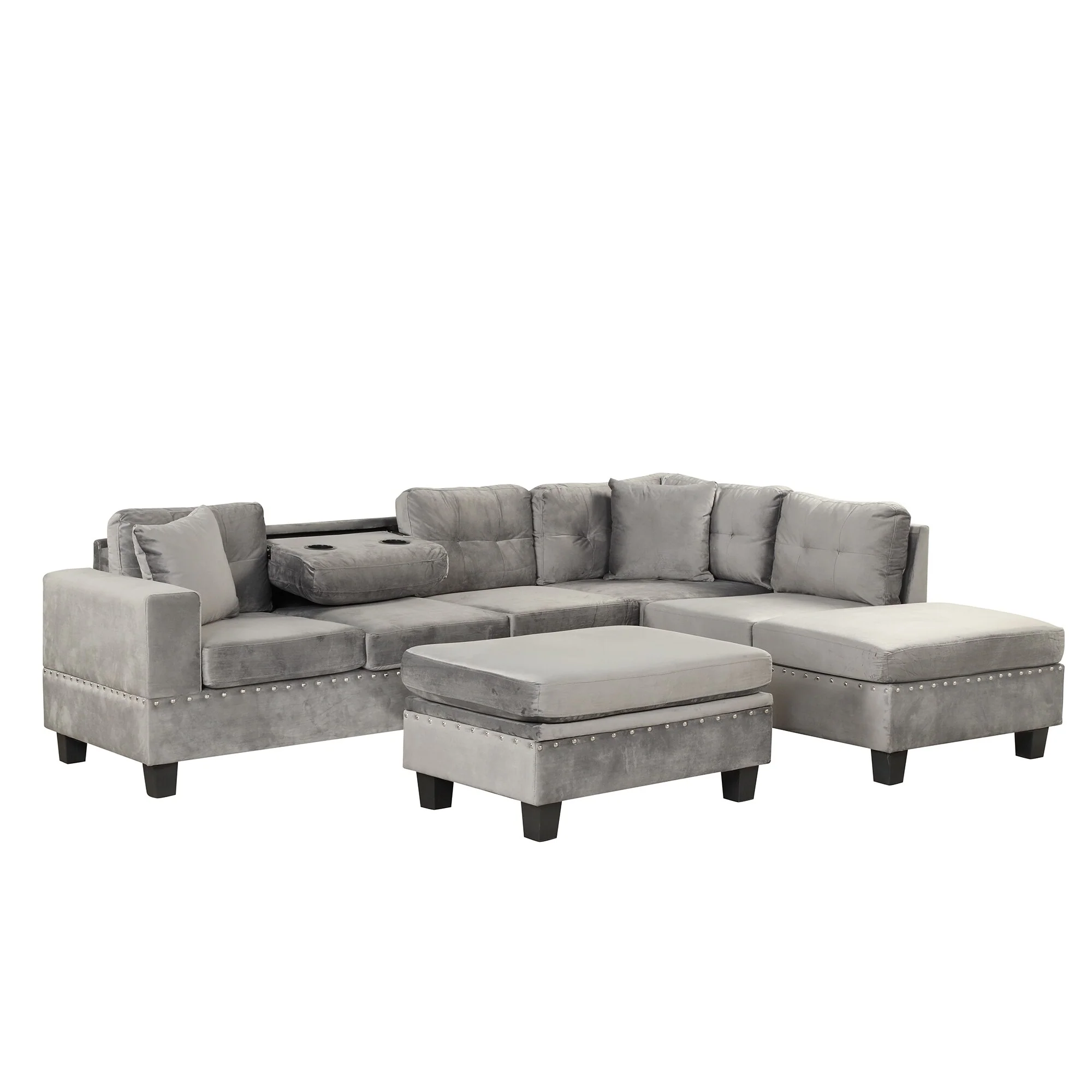 Modern Velvet Sectional Sofa with Reversible Chaise and Storage Ottoman for Apartments or Contemporary Living Rooms
