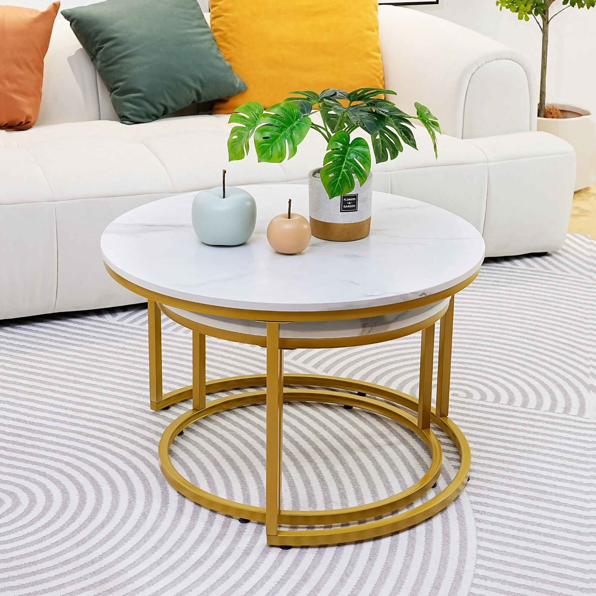 Modern Nugzar Coffee Table Round Metal Nesting Frame in Golden Style Set of 2