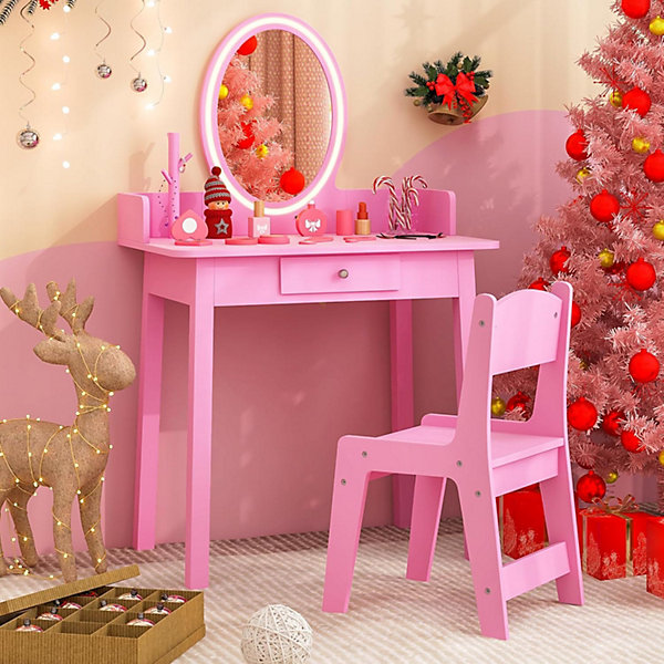 Coiffeuse Enfant Fille avec Lumière LED Bicolore Table de Maquillage avec Chaise Tiroir Miroir Ovale Rose