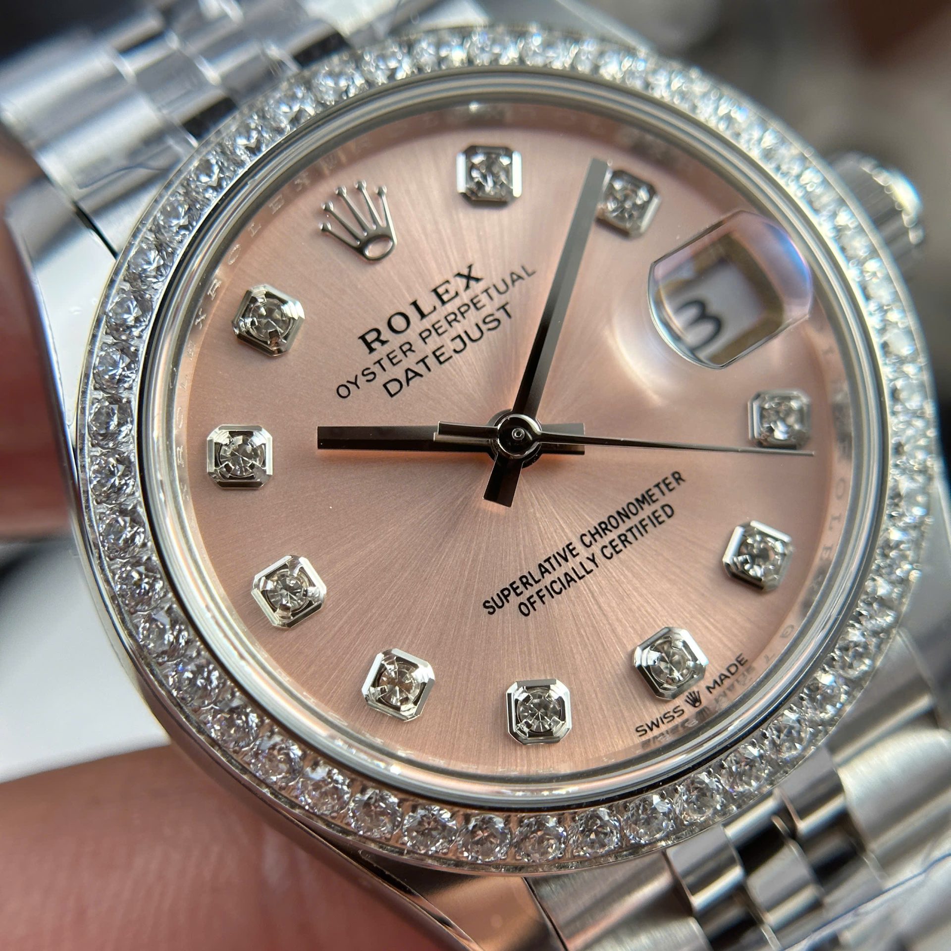 Rolex Datejust 316L Steel Pink Dial Bezel Diamonds 31mm Jub AAA Replica