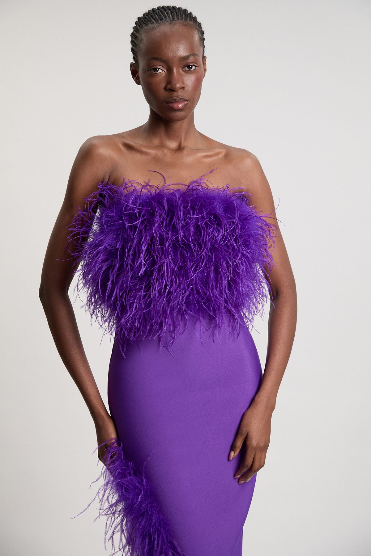 KarenMillen Petite Figure Form Bandage Feather Detail Bandeau Knit Midi Dress