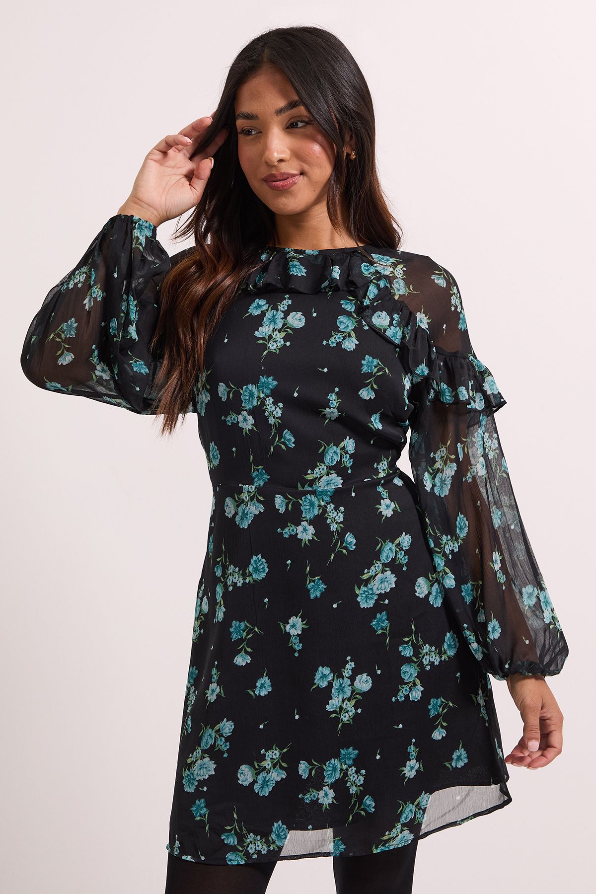 Dorothy Perkins Petite Green Floral Frill Detail Blouson Sleeve Mini Dress
