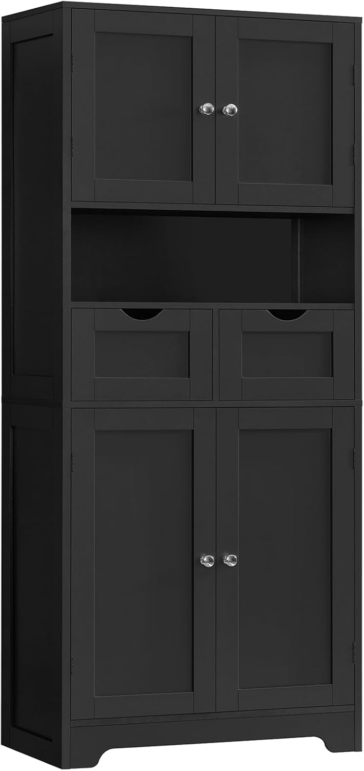 Iwell 57.8 H Tall Storage Cabinet with 2 Drawers & 2 Adjustable Shelves, Kitchen Cabinet with 4 Doors, Tall Cabinet for Living Room, Dining Room, Entryway, Black