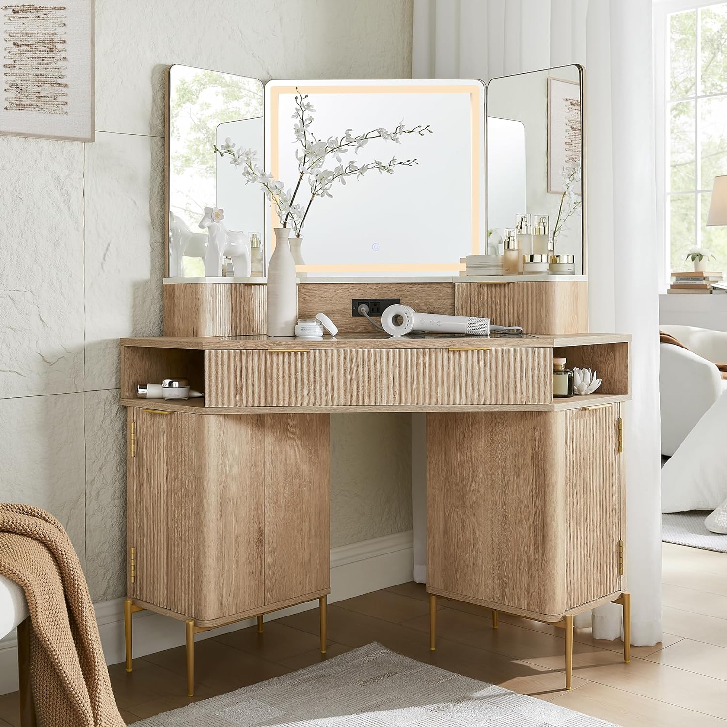 T4TREAM 48 Fluted Makeup Vanity Desk with HD Triple Mirror and Lights, Large Lighted Corner Vanity with Glass Top, Modern Dressing Table with 3 Drawers & 2 Cabinets for Bedroom, Natural Oak