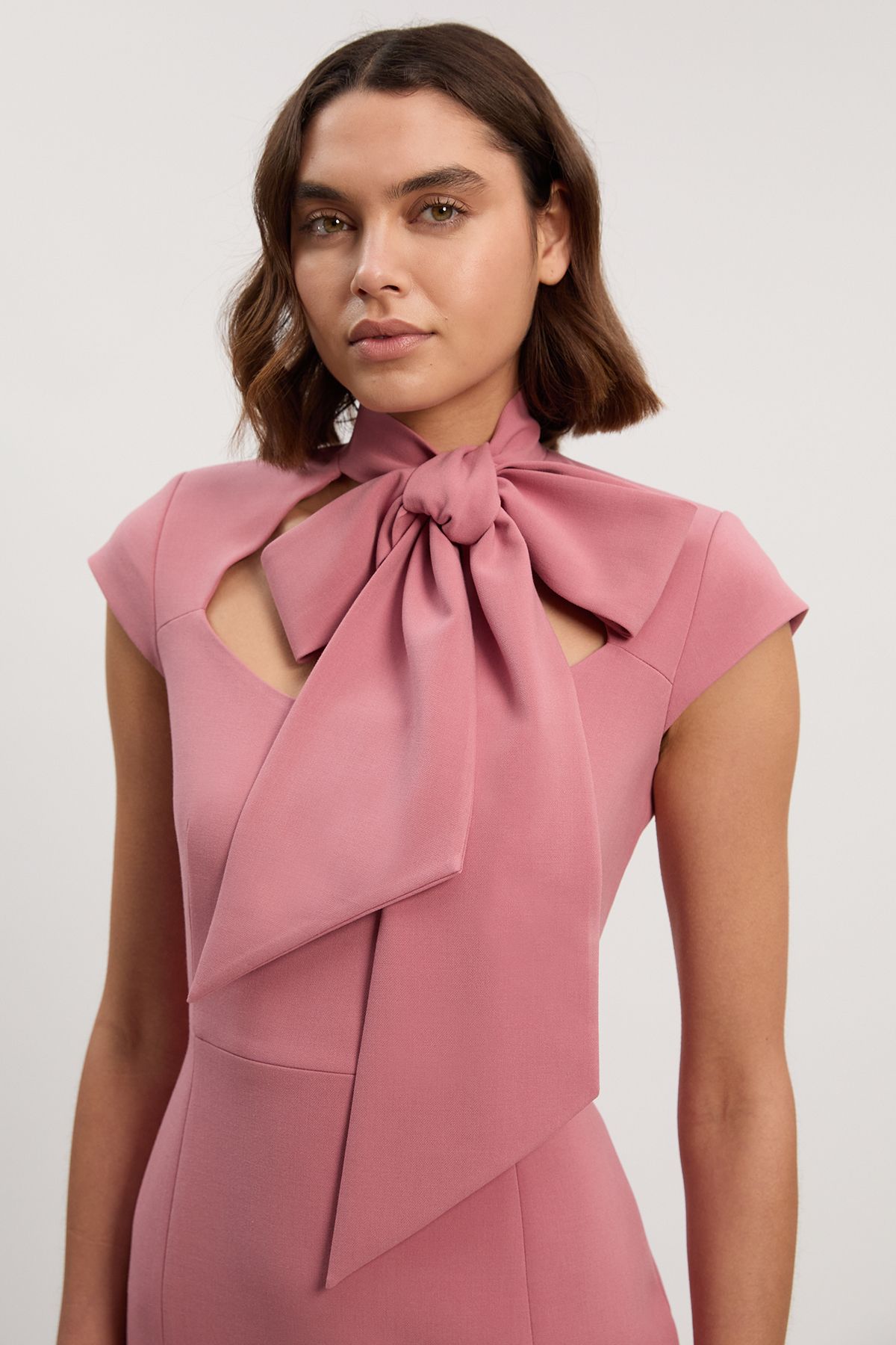 KarenMillen Petite Compact Stretch Bow Tie Neck Tailored Pencil Midi Dress
