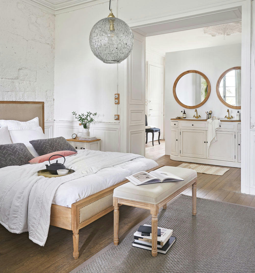 Harmony - Lit en bois de manguier blanchi et lin 160x200