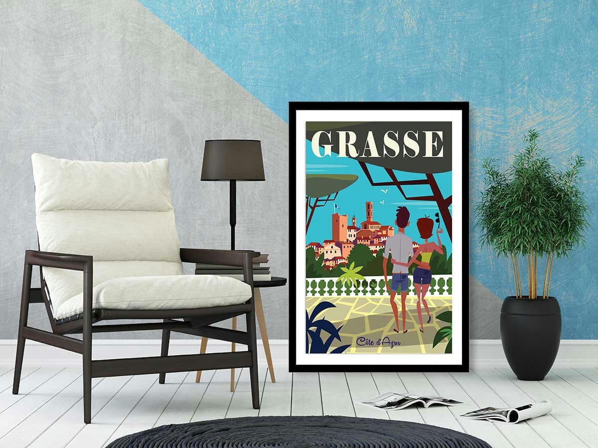 - Affiche voyage à Grasse avec cadre noir 40x60 cm