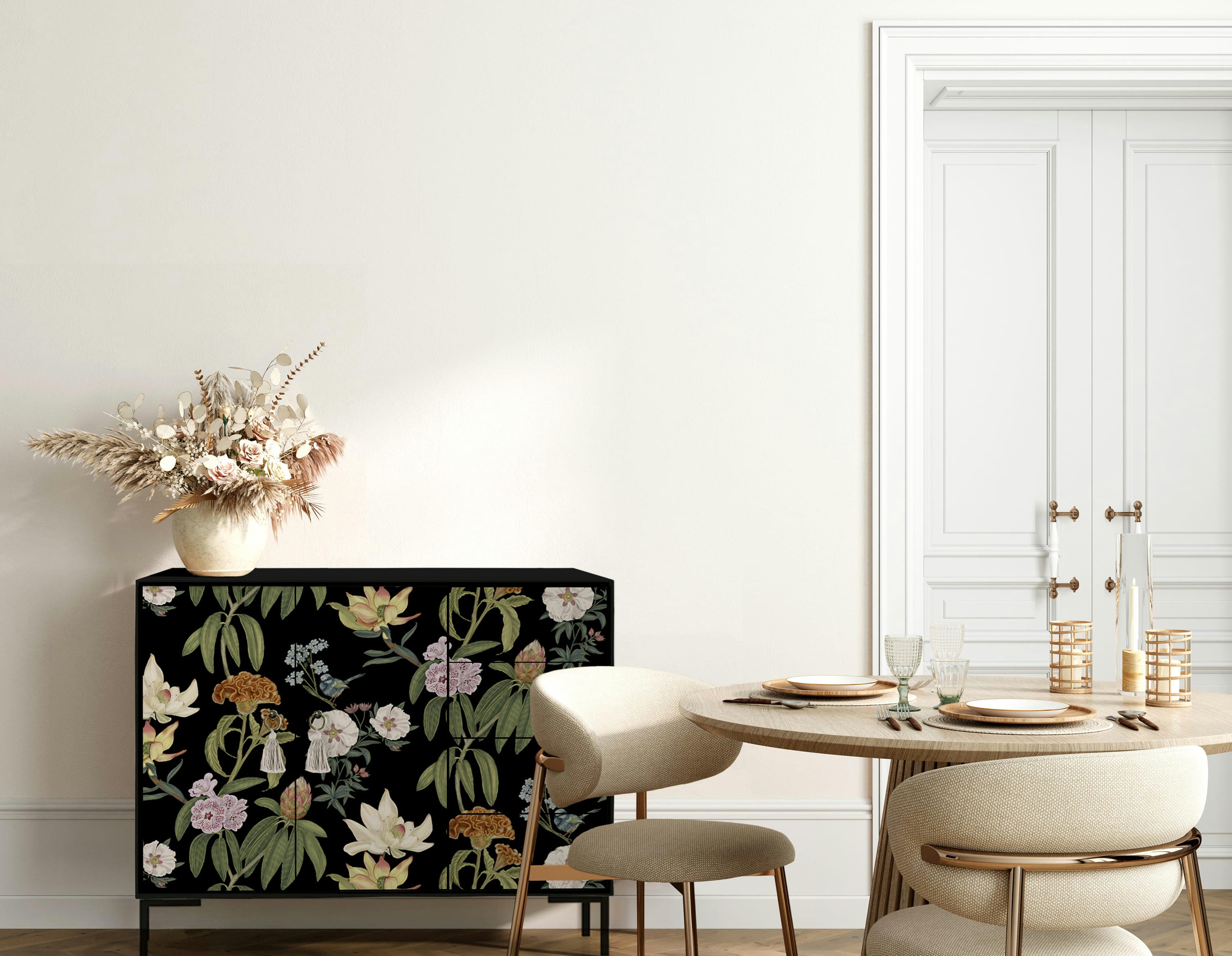 JARA - Buffet bas 2portes 4 tiroirs MDF imprimé floral sur fond noir