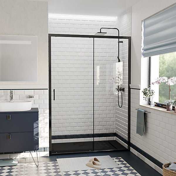 Ceramia PURA Porte de douche 140x195cm coulissante anticalcaire avec profilés Noir mat (CERAHP140B)
