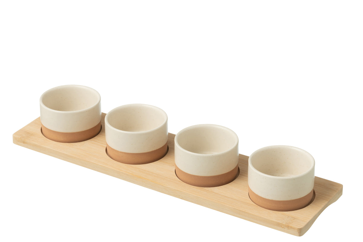 J-Line tapasplank 4 kommen   bambouschaal In Doos - keramiek/hout - wit/naturel