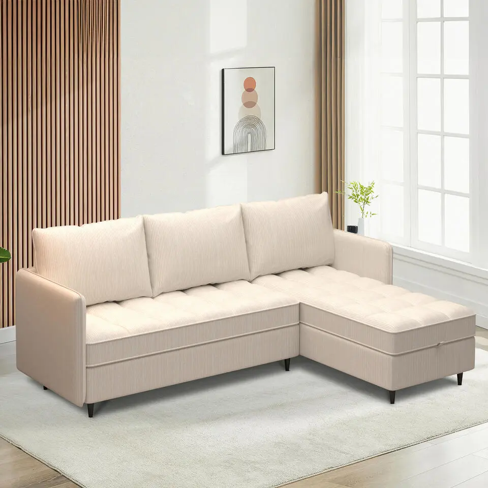 Lindhus - Bank met chaise longue omkeerbaar in corduroy cr&egrave;me