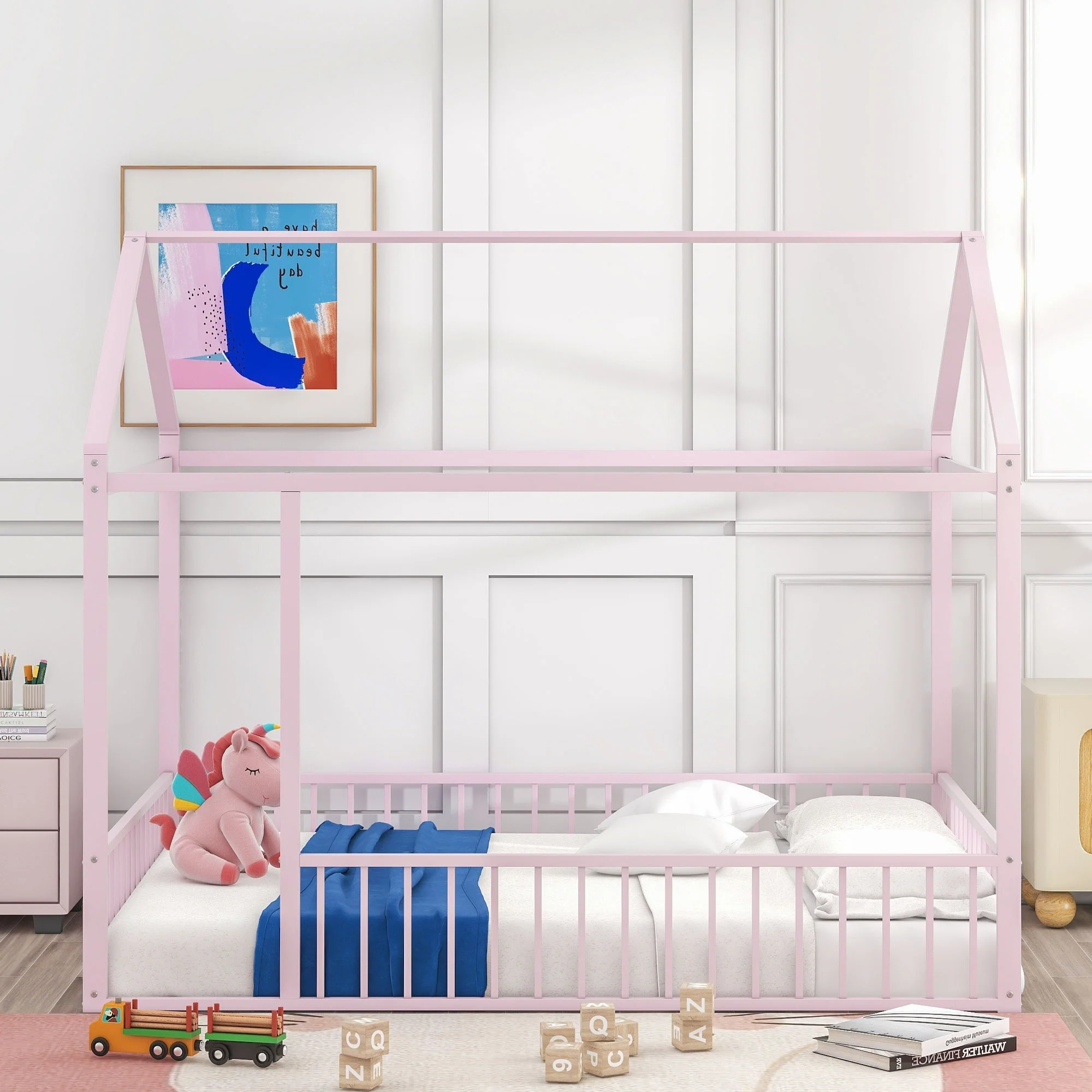 Metal House Bed Frame with Fence and Roof for Kids and Teens