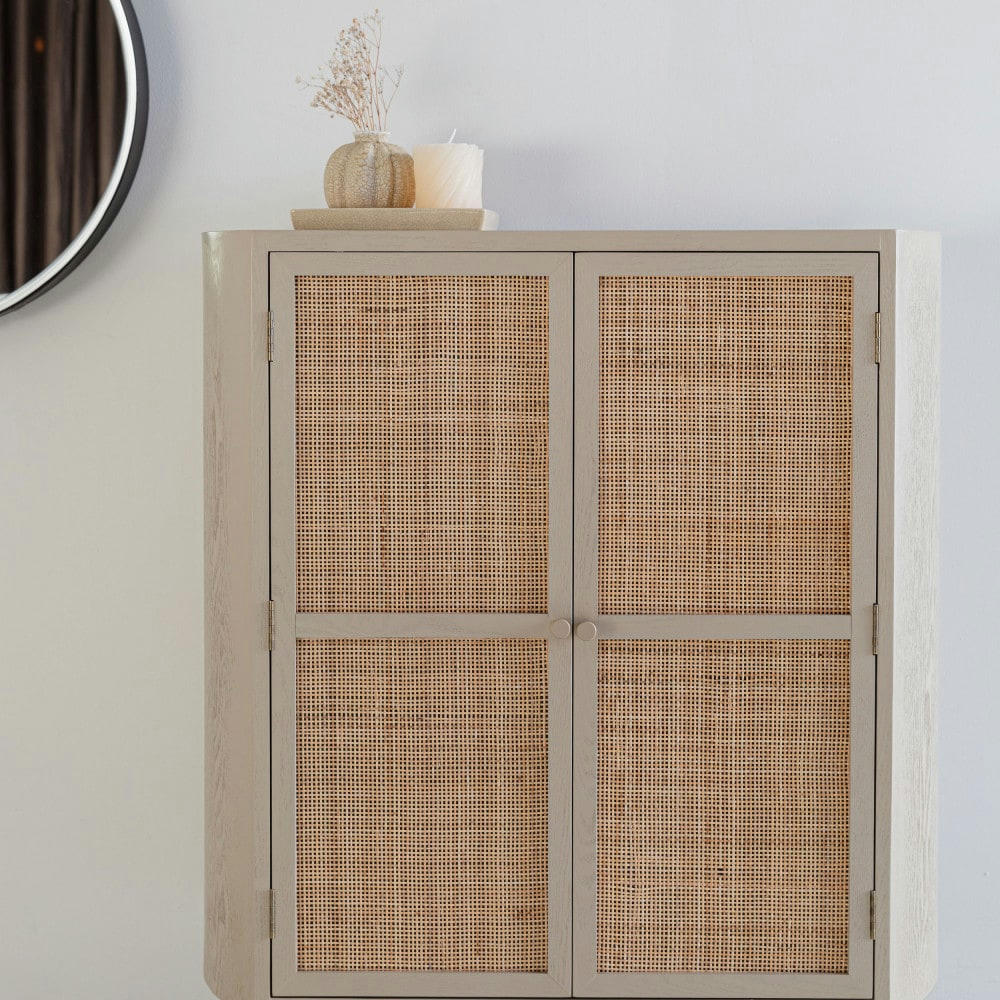 AMAYA - Buffet haut 2 portes en bois et métal beige