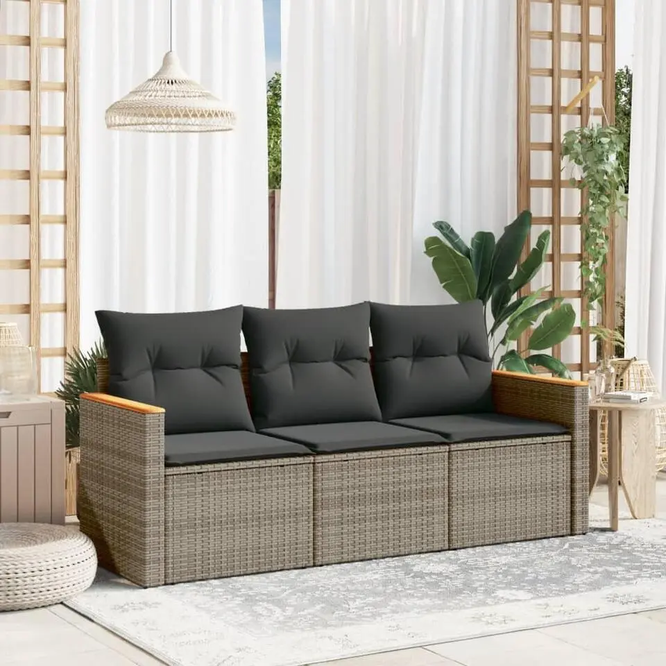 vidaXL 3-delige Loungeset met kussens en hout armsteun - Grijs - Poly rattan