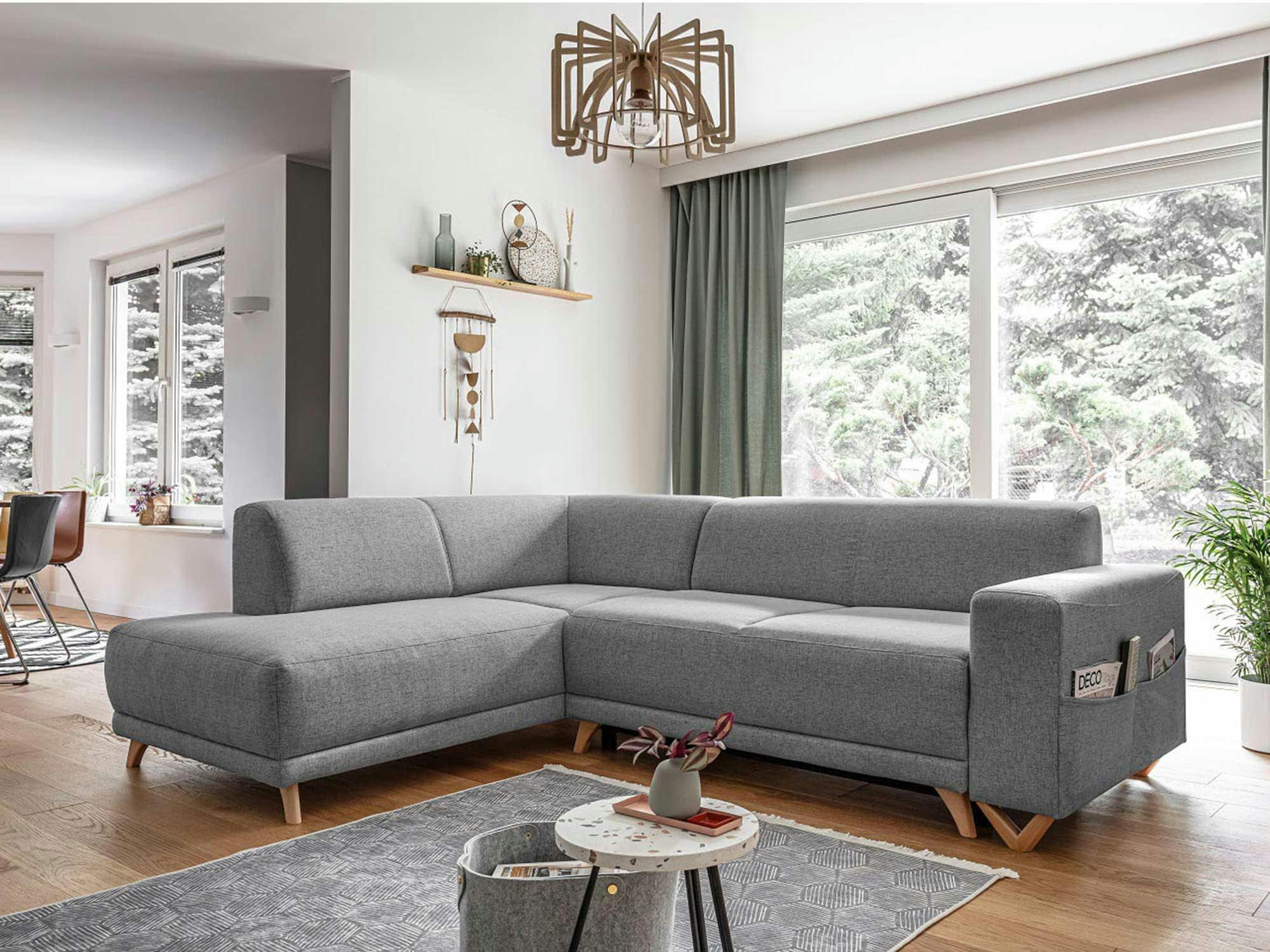 BELLA - Canapé d'angle gauche convertible 5 places en tissu gris