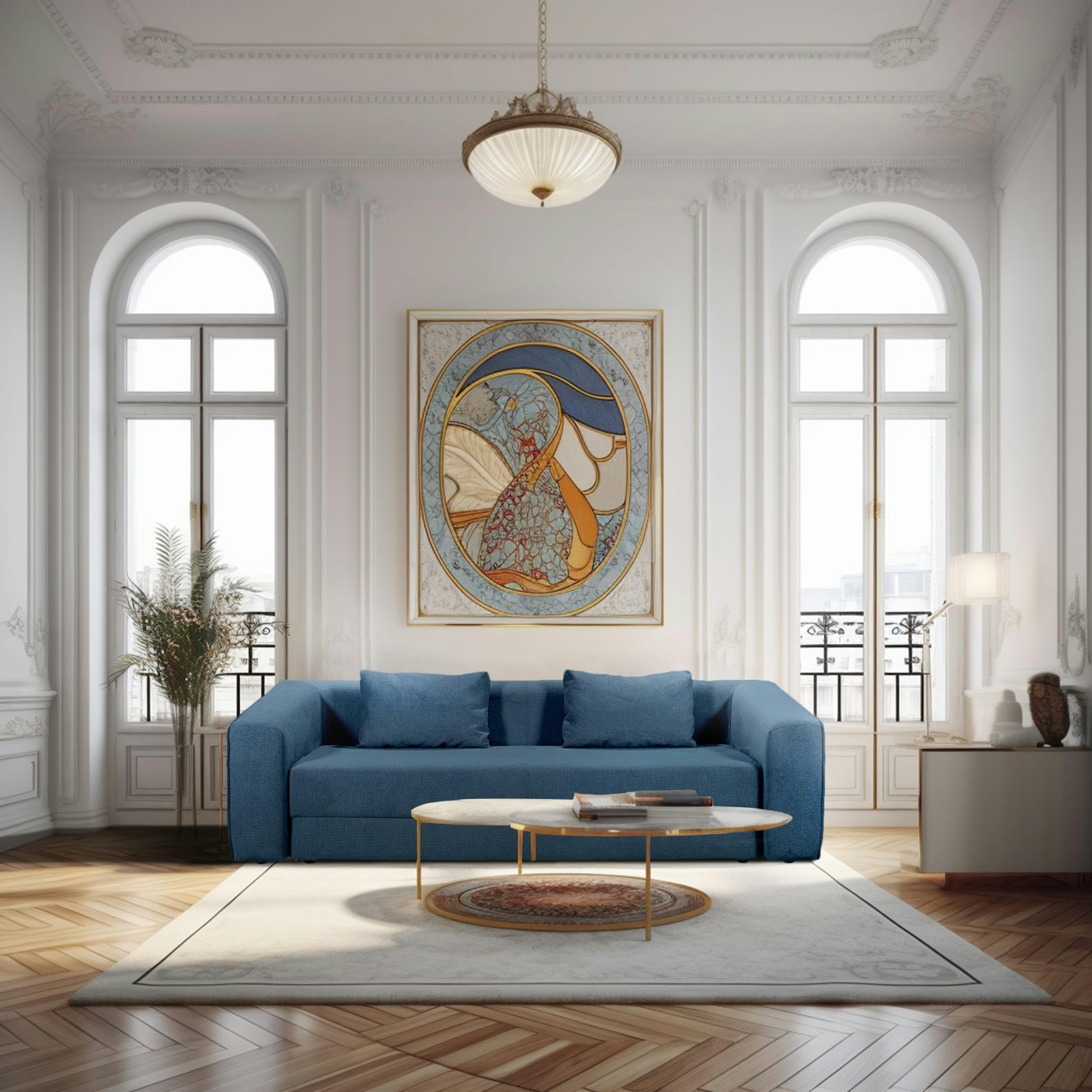 MUSCAT - Canapé droit convertible 3 places en tissu bleu