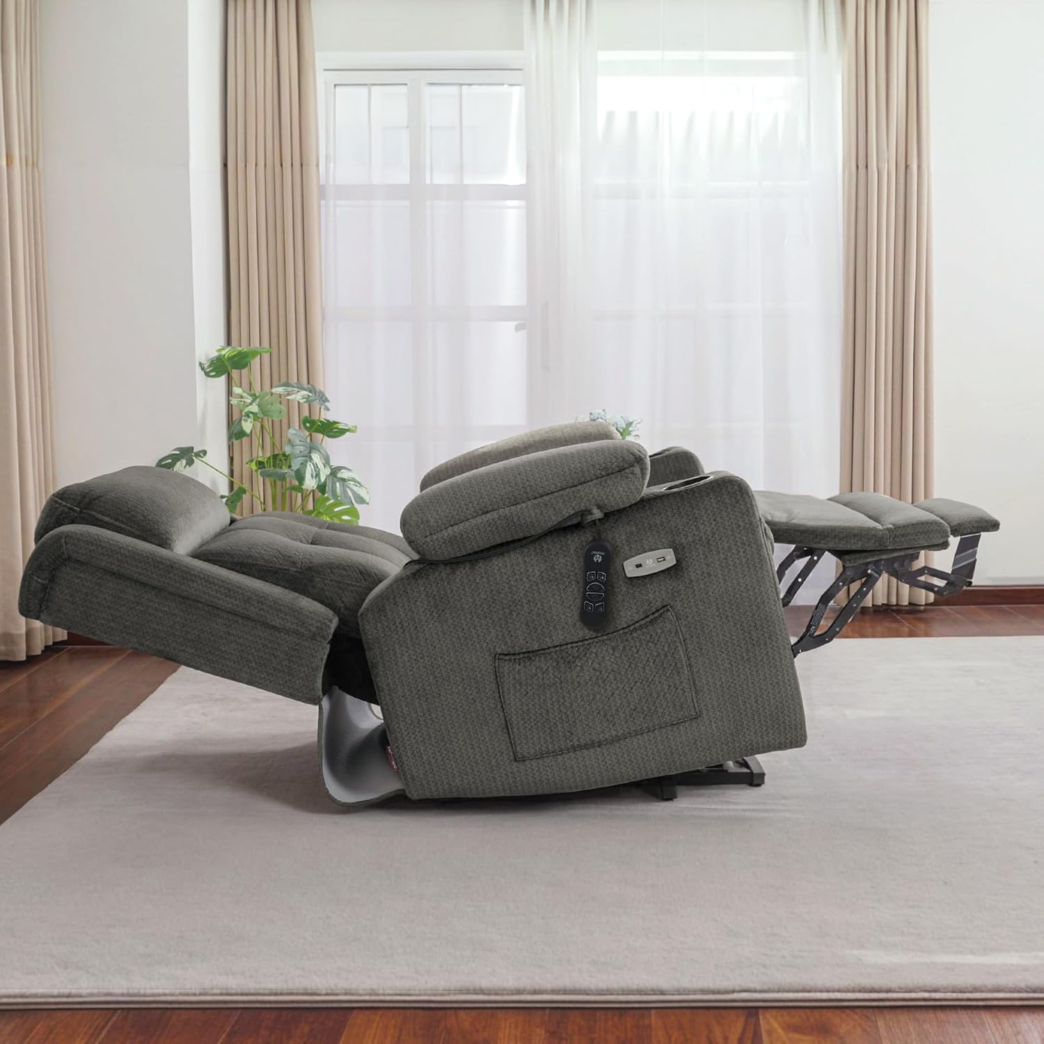 MCombo Large Triple Motor Power Lift Recliner Chair with Massage and Heat for Elderly People, Adjustable Headrest, Infinite Position, USB Ports, Fabric 7662 (Grey, Large)