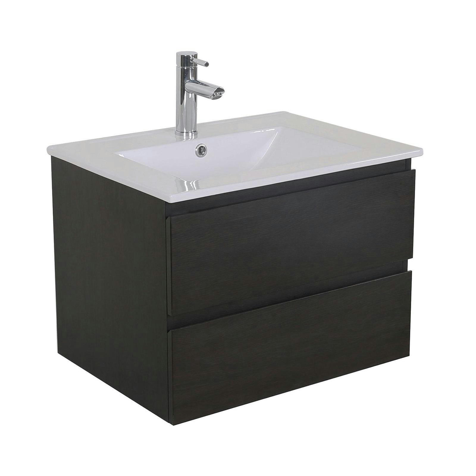 SORRENTO - Meuble simple vasque 60cm  décor chêne carbone + vasque + robinet noir