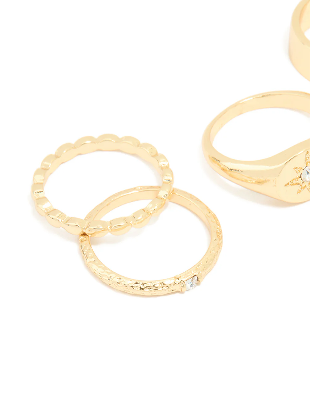 Gold Plated Star Stamped Signet & Textured Rings 5-Pack
