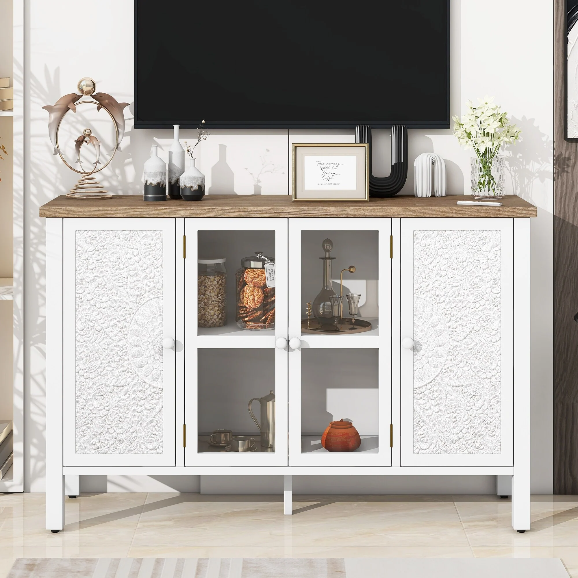 Retro TV Stand for TV up to 43 Inches with 3 Cabinets & Glass Doors - 47.2 D x 13.9 W x 30 H