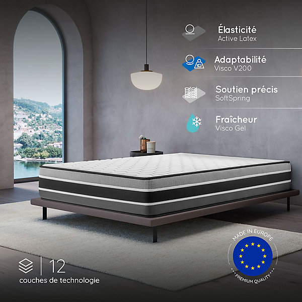 Matelas 140x190 - 30 cm - Ressorts Ensachés Indépendants   Mousse HR - Blue Latex - Silencieux - 7 zones - Réversible - Felis