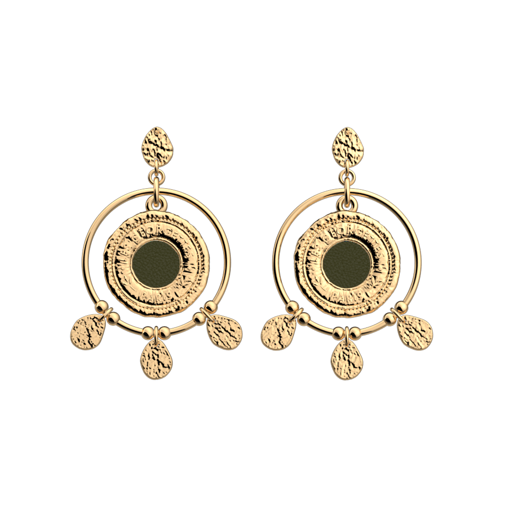Boucles d'oreilles Pépite, cuirs réversibles Bronze Paillettes / Vert de Gris
